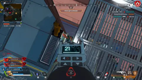 Apex Legends gameplay from a walkway with green box ESP and distance labels on enemies below.